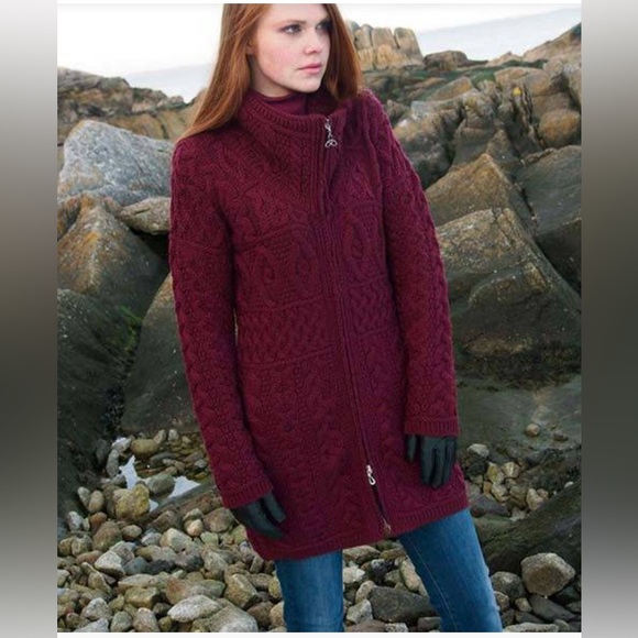 Aran Crafts Ireland Wine Double Collar Merino Cable Knit Cardigan Size XL - Picture 1 of 10